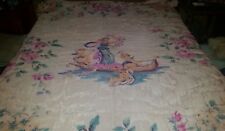 Antique  gorgeous Italy Angel Cherub bed taspery cover handpaind woman / Angels picture