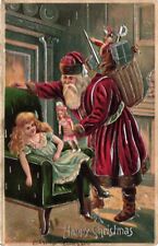 Vintage POST CARD*RED COAT SANTA*Christmas* Child*Doll*Toys*pm 1910 (M3) picture