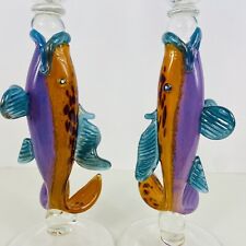 Pair of Two 11.75” Tall Hand Blown Art Glass Fish Goblets Stephan Williams ? picture