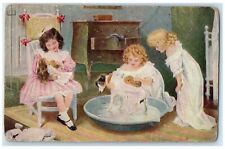 c1910's Girls Playing Doll Bathing Terrier Dog Posted Antique Postcard picture