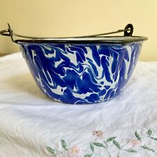 Vintage Blue & White Swirl Enamelware Graniteware 7” Bowl with Bale & Hanger picture