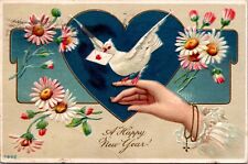 Happy New Year 1911, Embossed Flowers, Dove  hand Vintage Post Card a4 picture