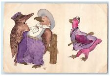 c1910's Anthropomorphic Owl And Duck Hand Painted Art Unposted Antique Postcard picture