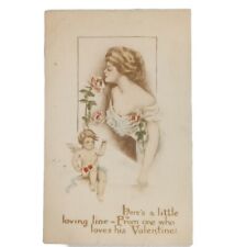 Antique 1910 Valentine Postcard, Gibson Girl in yellow dress & Pink Roses, CUPID picture