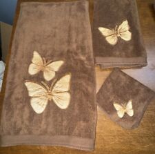 Vintage Sears '60s 3pc Chocolate Brown Applied Butterfly Towel Set picture