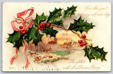 TUCK Christmas~Winter Landscape & Town W/ Holly & Ribbon~PM 1905~Vintage PC picture