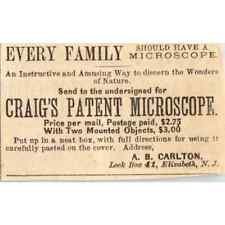 1870s Peterson's Ad - Craig's Patent Microscope A.B. Carlton Elizabeth NJ EA3 picture