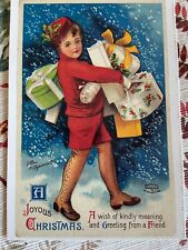 vintage joyous Christmas postcard winter snow shopping gifts girl reproduced picture