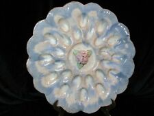 STUNNING RARE DECORATIVE RAISED PINK FLOWER BLUE WHITE DEVILED EGG SERVER 13 5/8 picture
