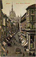 Milan Italy Vintage Postcard Street View Brick Road Stores Cathedral People picture