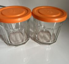 2 Vintage Luminarc France 500 ml Jam Jar 10 sided Glass Containers w/Orange Lids picture