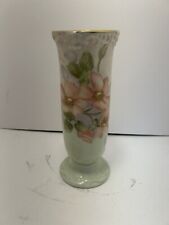 Hand Painted Floral Ceramic Vase w/Gold Trim Signed 9” H Flowers picture