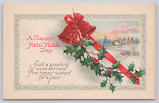 (45) Antique Postcard IN CHRISTMAS GREETING Red Bells & Ribbon Holly Poem 1926 picture