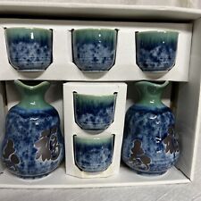 7 Pc Vintage Japanese etched Sake Set Porcelain 2 Tokkuri Carafes 5 Ochoko Cups picture