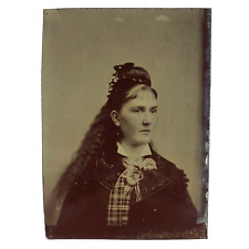 Woman with Plaid Bow & Flowers Tintype c1870 Young Lady 1/6 Plate Photo C3627 picture