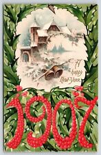 New Year~Large Number Berry 1907~Snow Village Bells Vignette~Holly Back Postcard picture