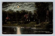 Pontiac MI-Michigan, Scenic Pine Lake by Moonlight, Antique Vintage Postcard picture
