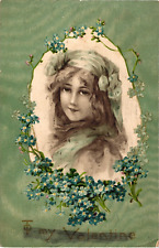 1911 TO MY VALENTINE Pretty Girl Victorian Floral Embossed Antique Postcard picture