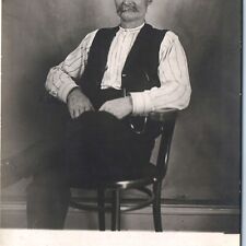 c1910s Handsome Old Mustache Man RPPC Sitting Chair Real Photo Vest Funny A159 picture