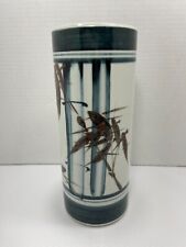 Vtg Japanese Vase 11 3/8'' Hand Painted Glazed Calligraphic Painted Bamboo Decor picture