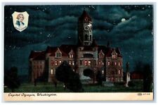 c1920's Capitol Olympia Building Clock Tower Night Scene Washington WA Postcard picture