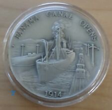 Panama Canal Opens to Ships Large Beautiful Vintage Pewter Medal in Capsule picture