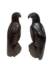 2 Vintage Hand Carved Ironwood Eagle Hawk Falcon Detailed Pedestal Sculpture 10” picture