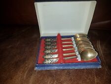 VINTAGE THAILAND SIAM Buddha etched 6 TEA SPOONS BAC Elephant head with box picture