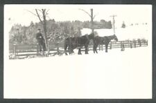 Man on three-horse-drawn sled in snow VT RPPC postcard 1920s picture