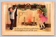 c1920s Children Fireplace Hearth Roaring Fire  Christmas P286 picture