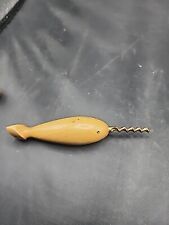 Vintage Narwhal Whale Corkscrew Bottle Opener Hand Carved Wood Unique Bar Gift picture