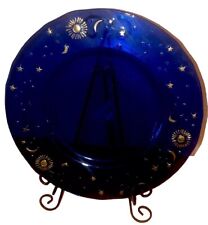 Vintage 14” IVV Italy Cobalt Blue Glass Platter Celestial Gold Sun Moon Stars picture