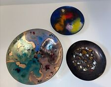 LOT OF 3 Vintage Mid Century Modern Copper Enamel Plate dishes Abstract Design picture