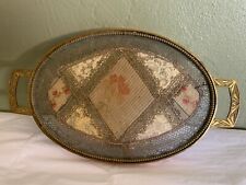 Antique Vanity Tray Brass frame Glass Encased Lace doily Footed Victorian picture