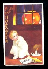 c1910 Singed Clapsaddle Halloween Postcard Scared Boy og Child Holding Pumpkin picture