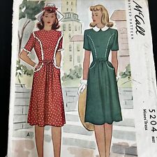 Vintage 1940s McCalls 5204 Front Seam Dress Pockets Collar Sewing Pattern 14 CUT picture