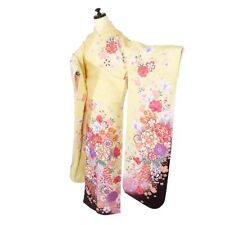 Furisode Pure Silk Yellow Pink Black Peony Cherry Blossom  picture