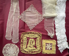 LOT of 7 French Antique Lace Edging, samples, collar, embroidered passe (flower) picture