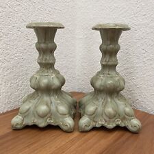 Pair Of Vintage 60’s WYLEY 67 Sage Green Muted Glazed Candle Stick Holder Set picture