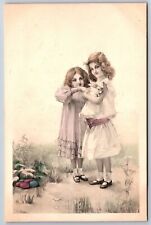 Easter~Dainty Little Girls Cuddle White Bunny Rabbit~Colored Eggs~Artist R Auer  picture