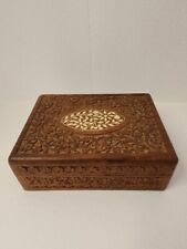 VINTAGE WOOD Hand Carved Jewelry box Purple Lining. 8 X 6 Inches picture