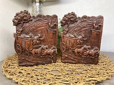 Vintage Set of Mid Century Syroco Wood Ye Old Inn Coach Horse Bookends Set picture