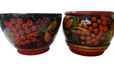 Vintage Russian Folk Art Khokhloma Hand Painted Lacquer Bowls Lot of Two  picture