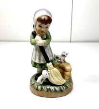 Vintage Ceramic Hand Painted  Girl Figurine Sweeping with Broom & 2 Kittens Cats picture