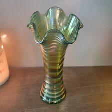 Vintage Imperial Ripple Green Carnival Glass Vase Iridescent Sheen 9