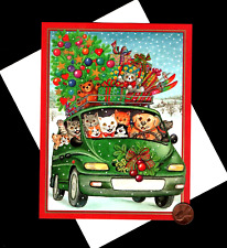 HTF CASPARI Christmas Dogs Cats Teddy Bear Van Tree - Greeting Card W/ TRACKING picture