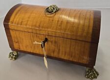 Rare 19th Century Burl Oak Wood Jewelry Box w Domed Lid Lion Head Pull Feet Key picture