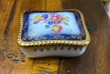 Vintage Crown German Porcelain Small Trinket Box Cobalt Blue Flowers Gold Trim picture