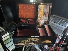 Japanese Vtg Jewelry & Music Box Hand Painted Black Lacquered With Abalone Inlay picture