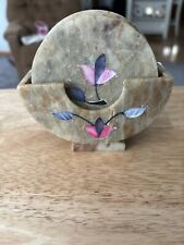 Soapstone Coasters With Mother Of Pearl Flower Vintage Set of 6 With Holder picture